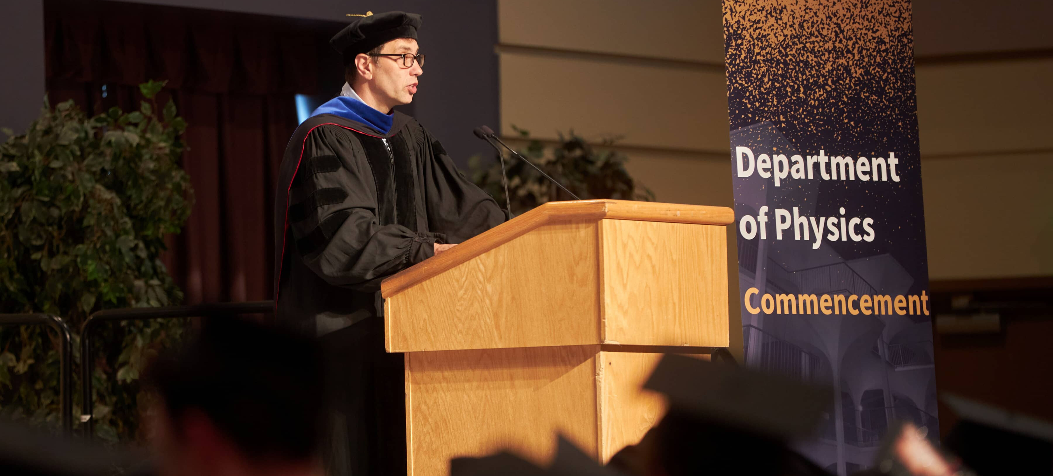 Physics Department Chair Oleg Shpyrko Delivering a Speech at Physics Department Commencement